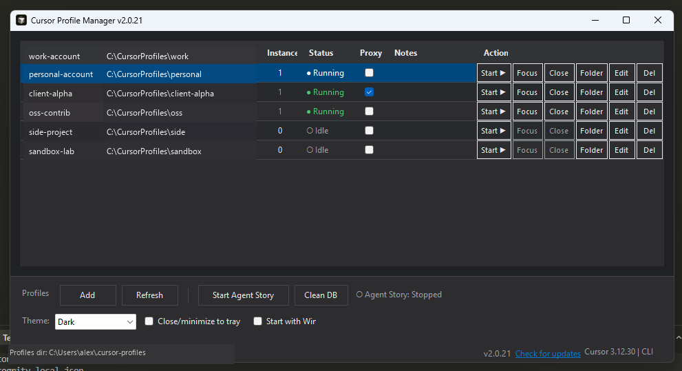 Cursor Profile Manager main window showing multiple isolated profiles, some Running and some Idle, with per-row Start Focus Close actions